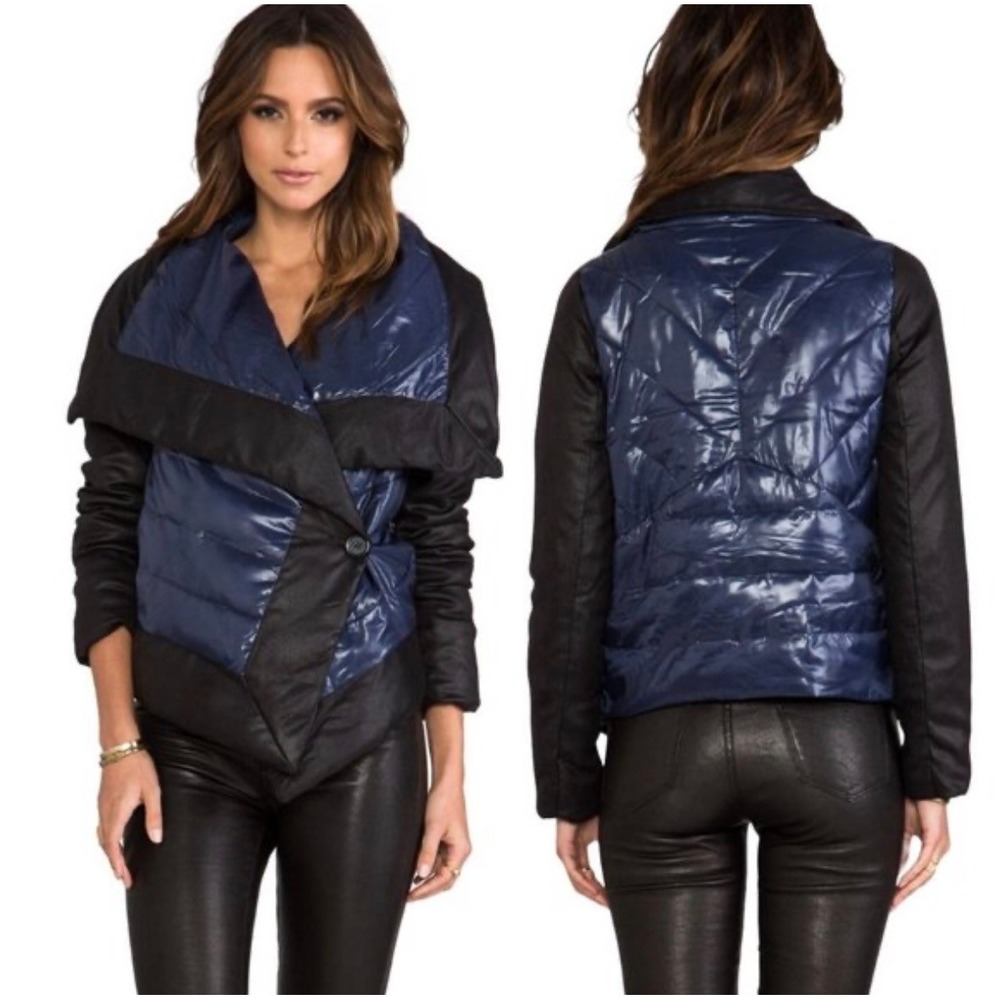 BB Dakota Mixed Media Cecille Puffer Jacket Faux Suede Black‎ Navy Asymmetrical